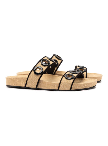 Larroude Milan Slide In Beige Raffia with Black Trim