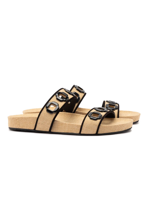 Larroude Milan Slide In Beige Raffia with Black Trim
