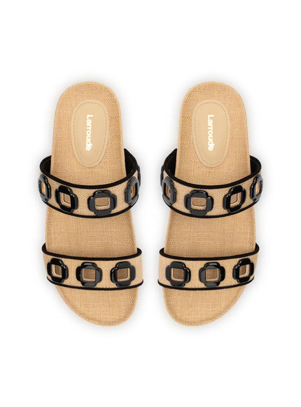 Larroude Milan Slide In Beige Raffia with Black Trim
