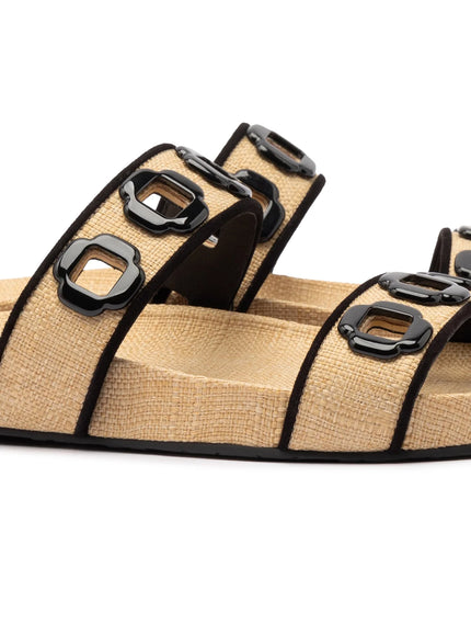 Larroude Milan Slide In Beige Raffia with Black Trim