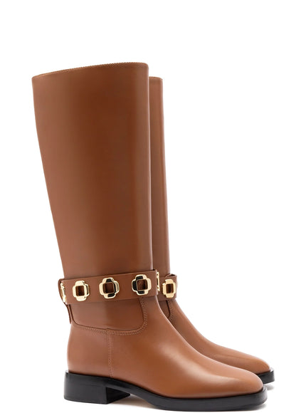 Larroude Milan Flat Boot In Caramel Leather