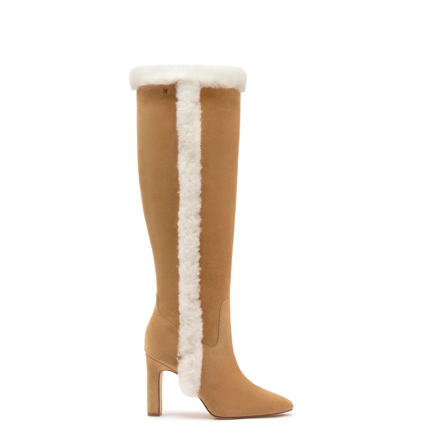 Larroude Cindy Hi Faux Fur Boot In Peanut Suede and Shearling Peanut