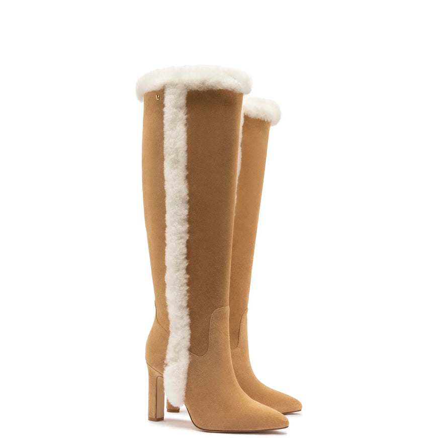 Larroude Cindy Hi Faux Fur Boot In Peanut Suede