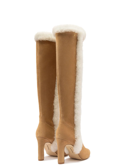 Larroude Cindy Hi Faux Fur Boot In Peanut Suede and Shearling