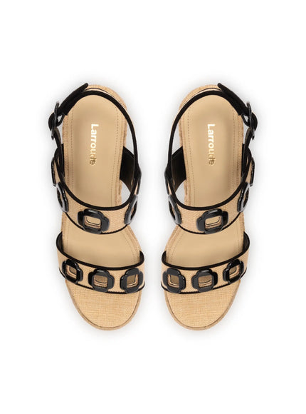 Larroude Milan Flatform In Beige Raffia and Black Trimming