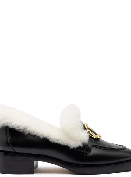 Larroude Bobbie Loafer In Black Leather and Natural Shearling Black