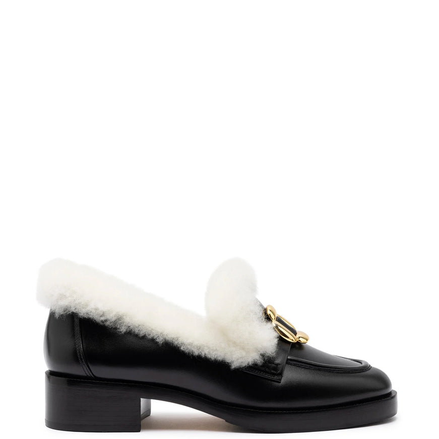 Larroude Bobbie Loafer In Black Leather and Natural Shearling Black