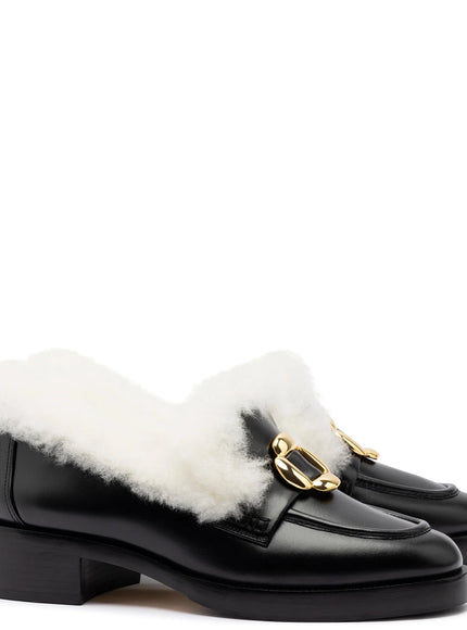 Larroude Bobbie Loafer In Black Leather and Natural Shearling