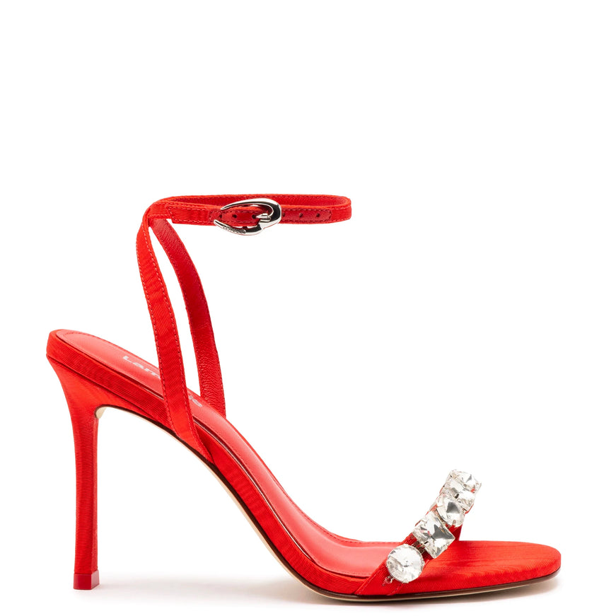 Larroude Calypso Sandal In Red Fabric and Crystals Red