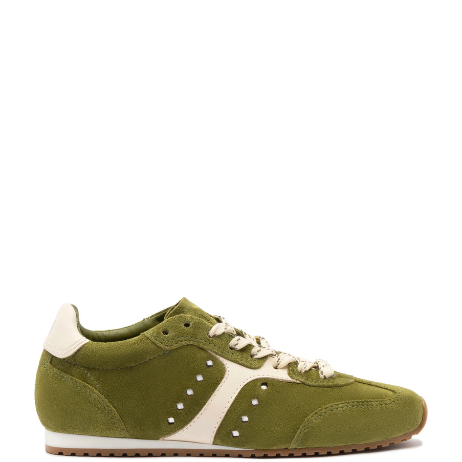 Larroude Stella Sneaker In Seaweed Suede and Ivory Leather Seaweed