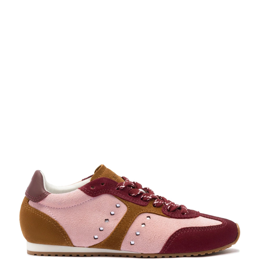 Larroude Stella Sneaker In Tulip, Russet and Wine Suede Tulip