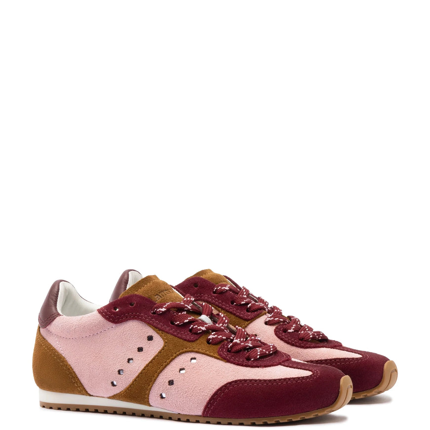 Larroude Stella Sneaker In Tulip, Russet and Wine Suede