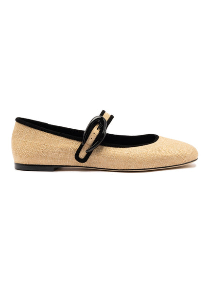 Larroude Verona Ballet Flat In Beige Raffia and Black Trim