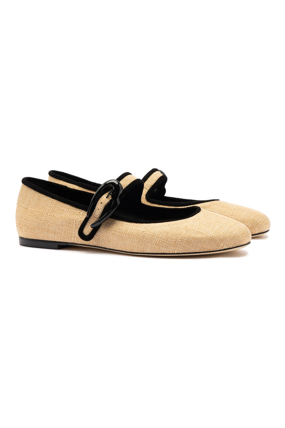 Larroude Verona Ballet Flat In Beige Raffia and Black Trim