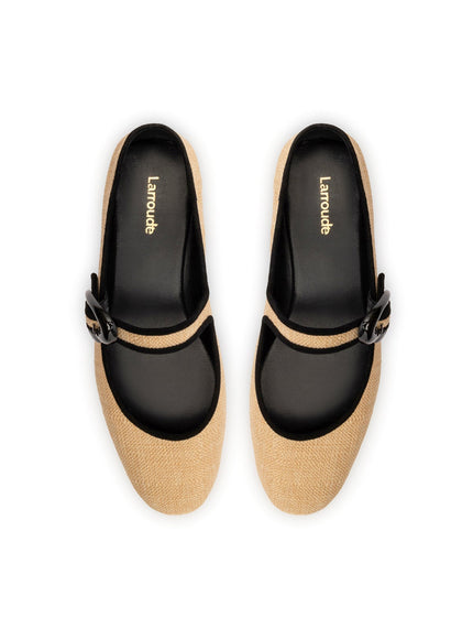 Larroude Verona Ballet Flat In Beige Raffia and Black Trim