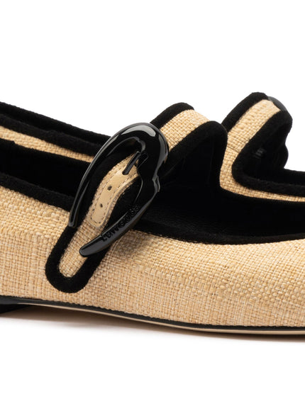 Larroude Verona Ballet Flat In Beige Raffia and Black Trim