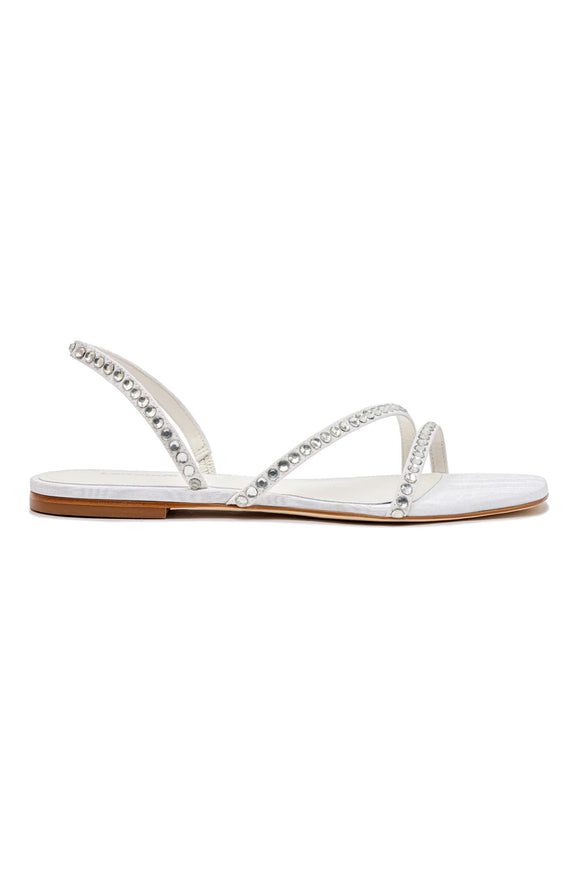 Larroude Vicky Flat Sandal In White Fabric and Crystals White