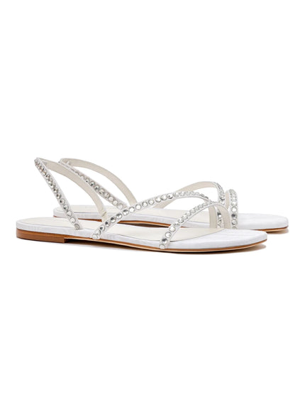 Larroude Vicky Flat Sandal In White Fabric and Crystals