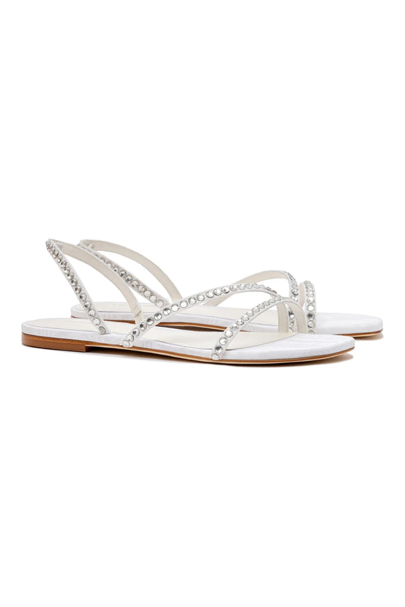 Larroude Vicky Flat Sandal In White Fabric and Crystals
