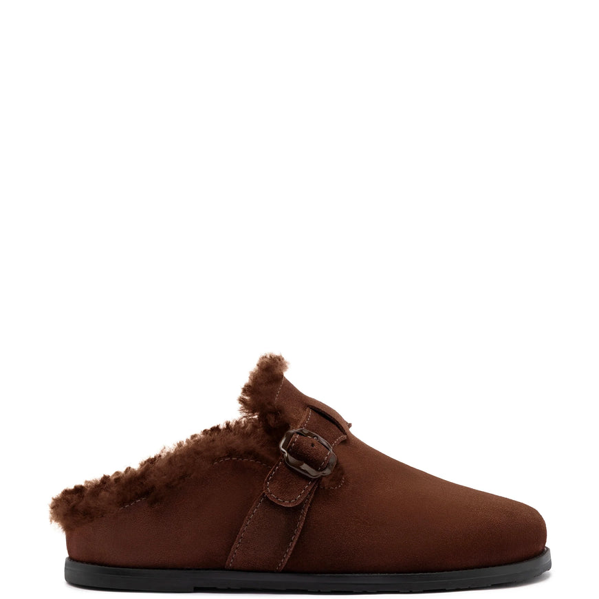 Larroude Milan Fur-Trim Clog In Brown Suede Brown