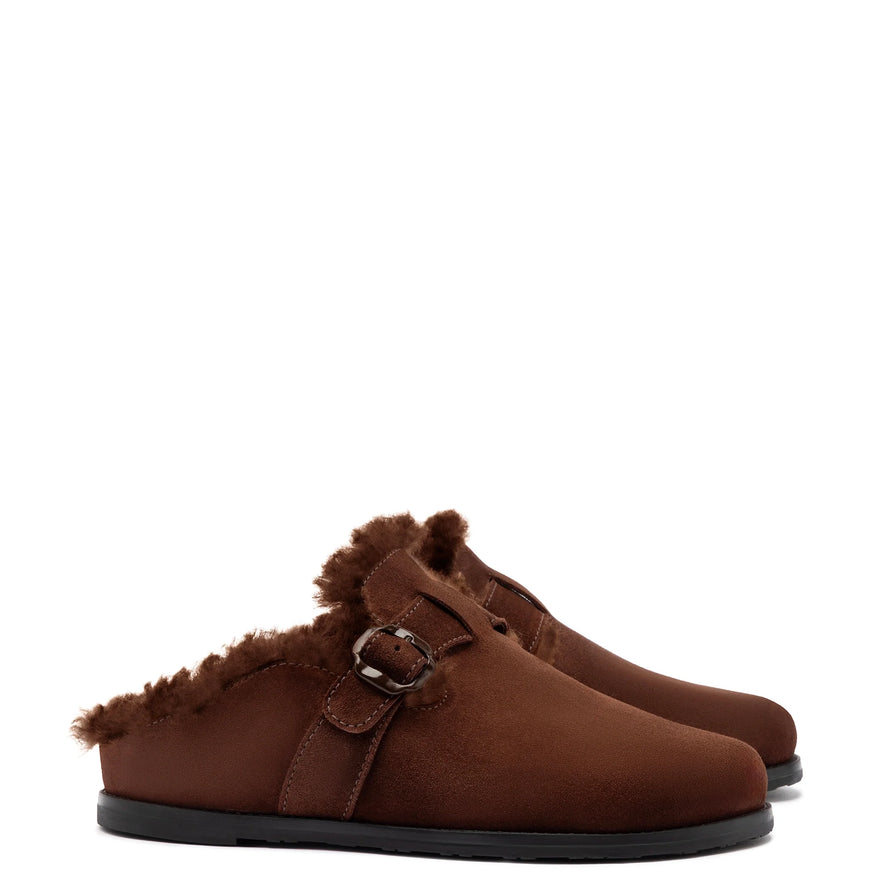 Larroude Milan Fur-Trim Clog In Brown Suede