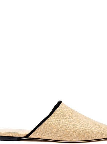 Larroude Venice Flat Mule In Beige Raffia Black Trim