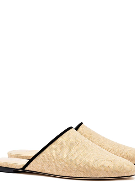 Larroude Venice Flat Mule In Beige Raffia Black Trim