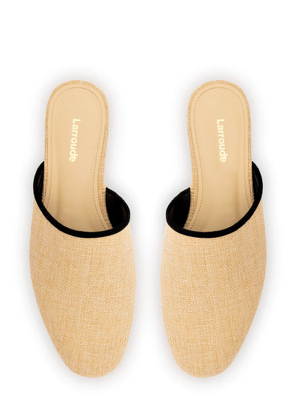 Larroude Venice Flat Mule In Beige Raffia Black Trim