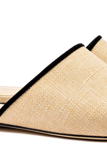 Larroude Venice Flat Mule In Beige Raffia Black Trim
