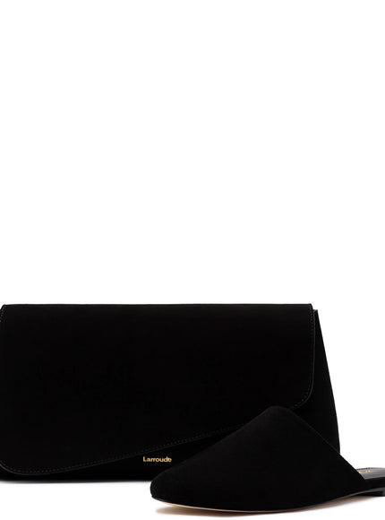 Larroude Venice Flat Mule and Pouch Kit In Black Suede Black