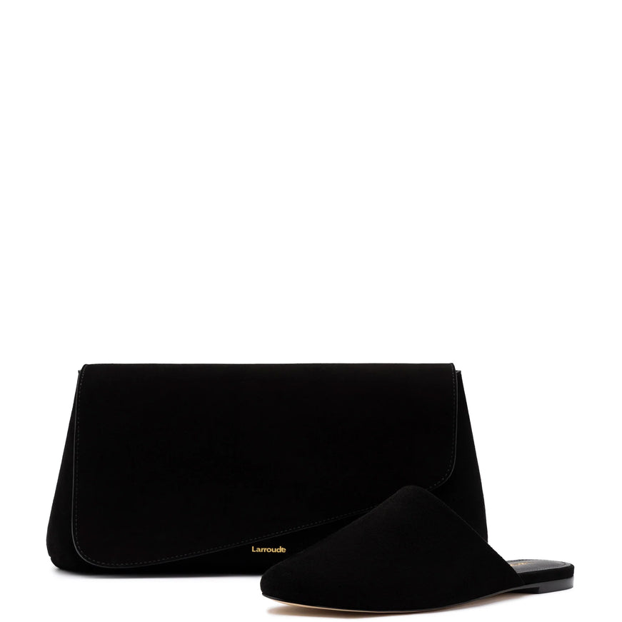 Larroude Venice Flat Mule and Pouch Kit In Black Suede Black