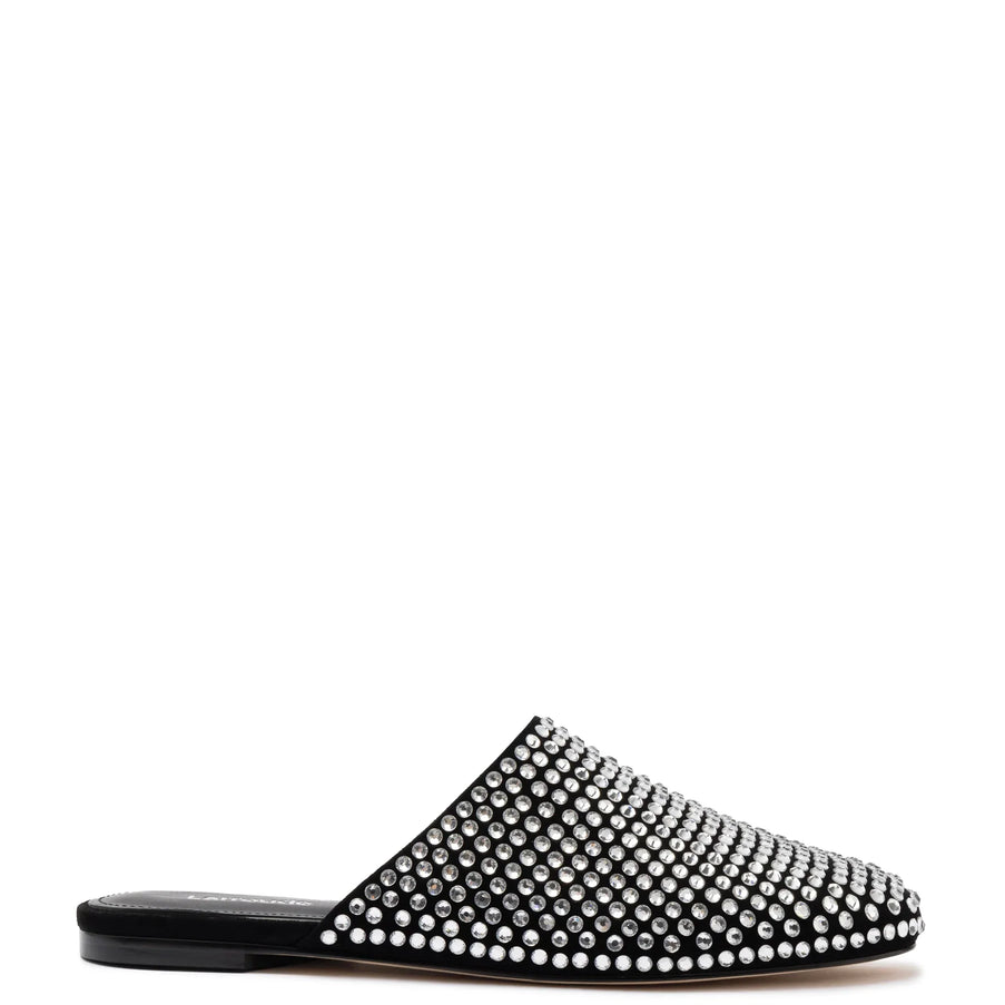 Larroude Venice Flat Mule Crystal In Black Suede Black Crystal