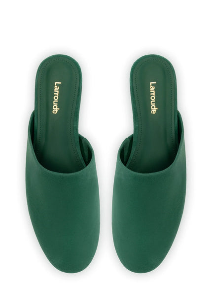 Larroude Venice Flat Mule and Pouch Kit In Emerald Suede