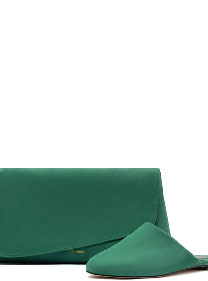 Larroude Venice Flat Mule and Pouch Kit In Emerald Suede Emerald