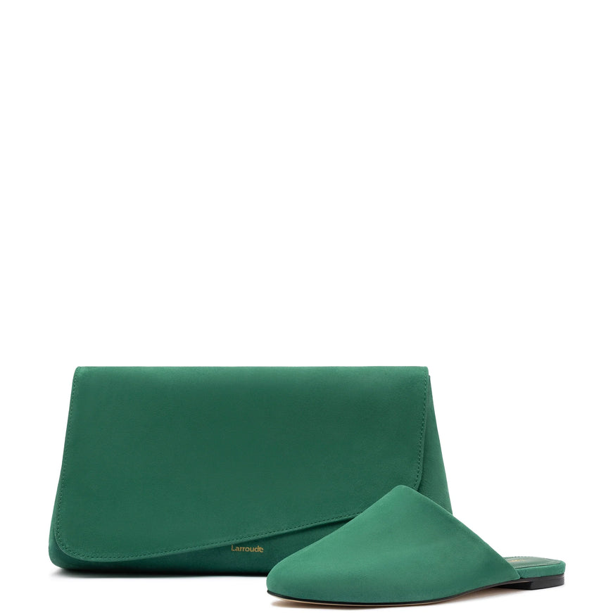 Larroude Venice Flat Mule and Pouch Kit In Emerald Suede Emerald