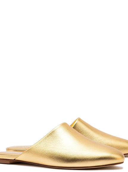 Larroude Venice Flat Mule and Pouch Kit In Gold Metallic Leather