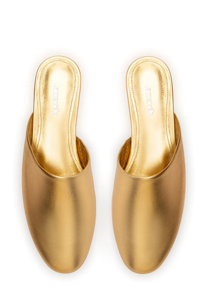 Larroude Venice Flat Mule and Pouch Kit In Gold Metallic Leather