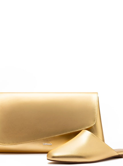 Larroude Venice Flat Mule and Pouch Kit In Gold Metallic Leather Gold