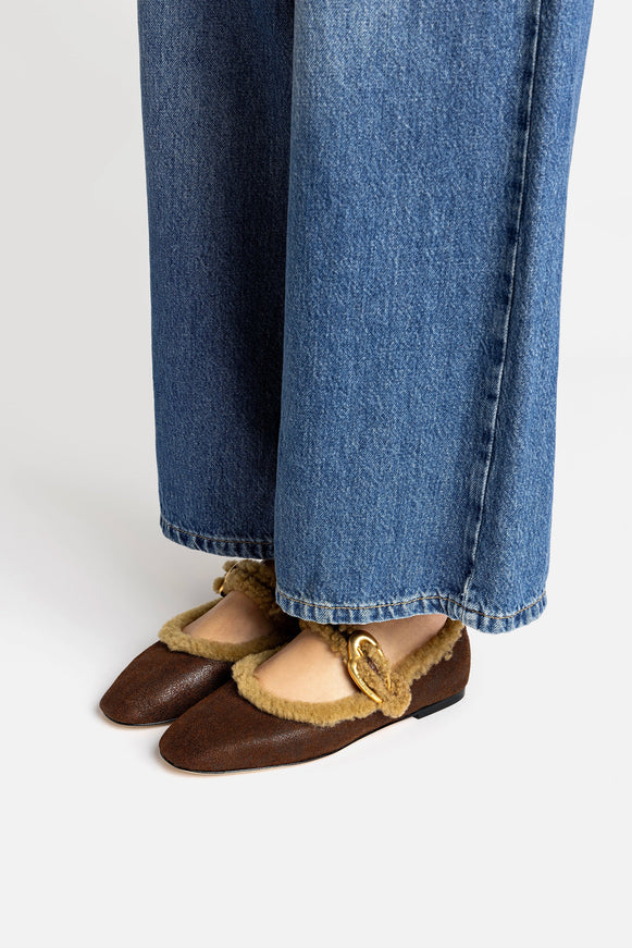 Verona Ballet Flat In Cocoa Leather And Natural Shearling