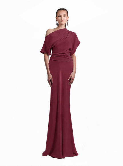 Gemy Maalouf Asymmetrical Draped Gown No. 7043 Wine