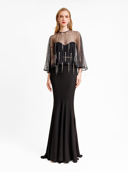 Gemy Maalouf Crepe Set With Beaded Cape
