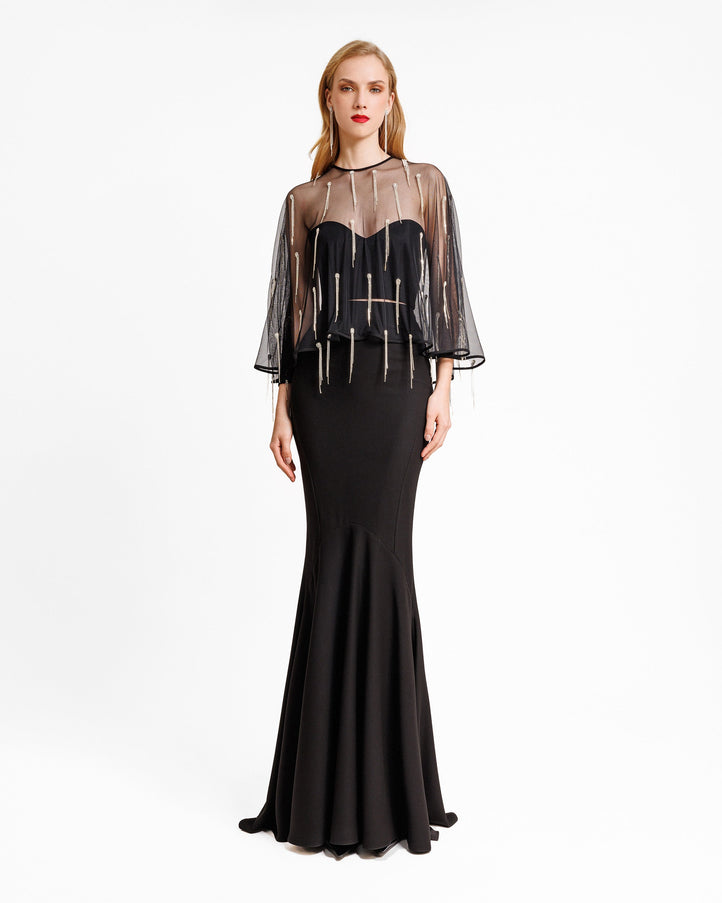 Gemy Maalouf Crepe Set With Beaded Cape