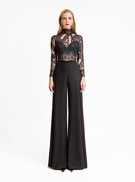 Gemy Maalouf Patterned Lace Top With Pants Set
