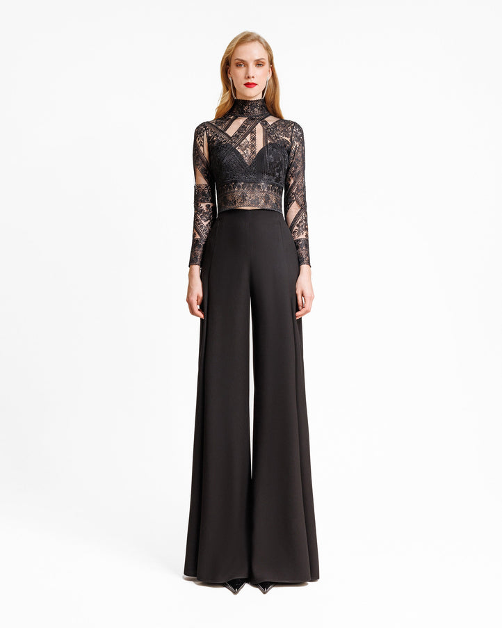 Gemy Maalouf Patterned Lace Top With Pants Set