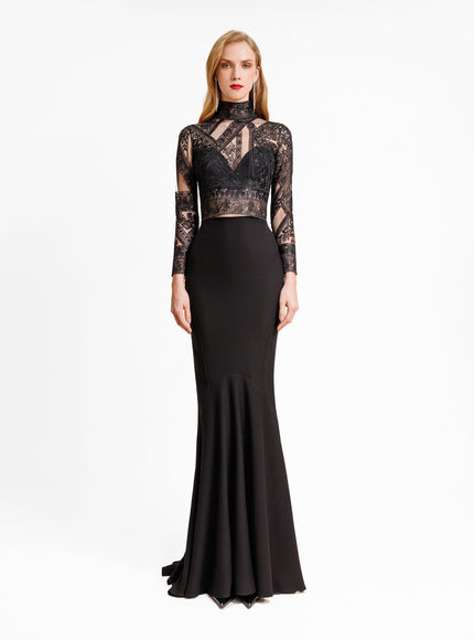 Gemy Maalouf Patterned Lace Top With Skirt Set