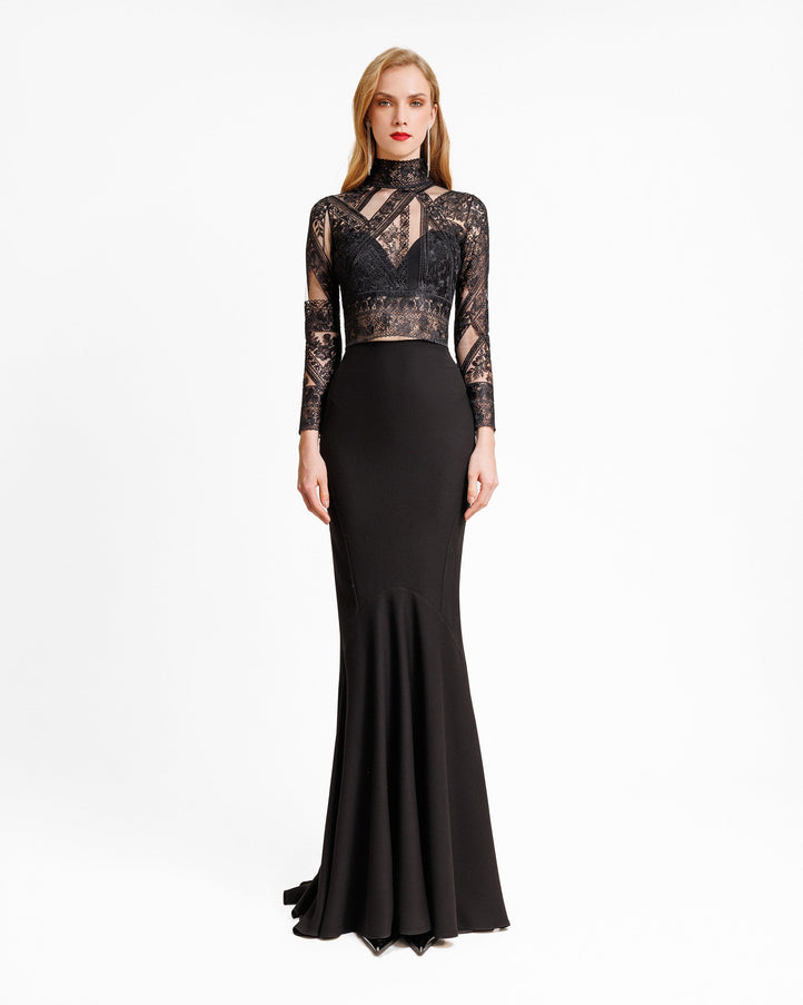 Gemy Maalouf Patterned Lace Top With Skirt Set