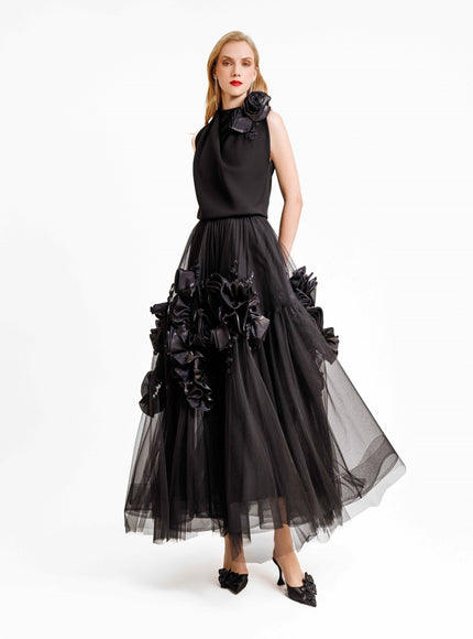 Gemy Maalouf Floral Draped Midi Dress Black
