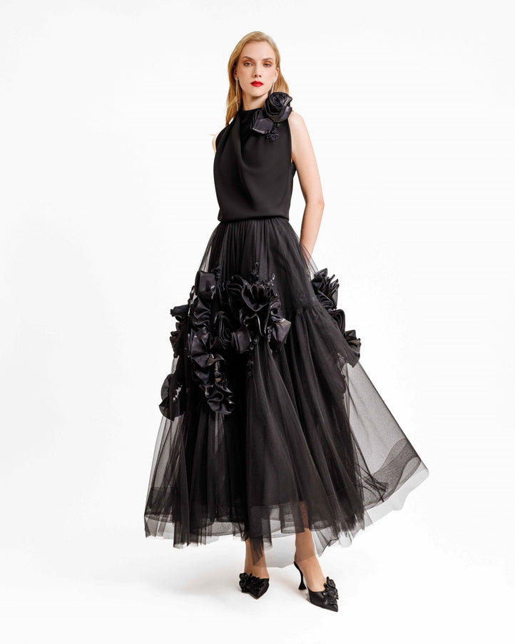 Gemy Maalouf Floral Draped Midi Dress Black