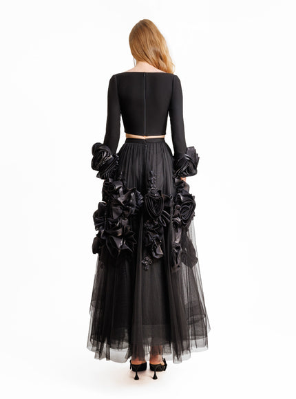 Gemy Maalouf Midi Tulle Dress With Floral Cuffs