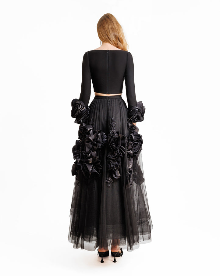 Gemy Maalouf Midi Tulle Dress With Floral Cuffs
